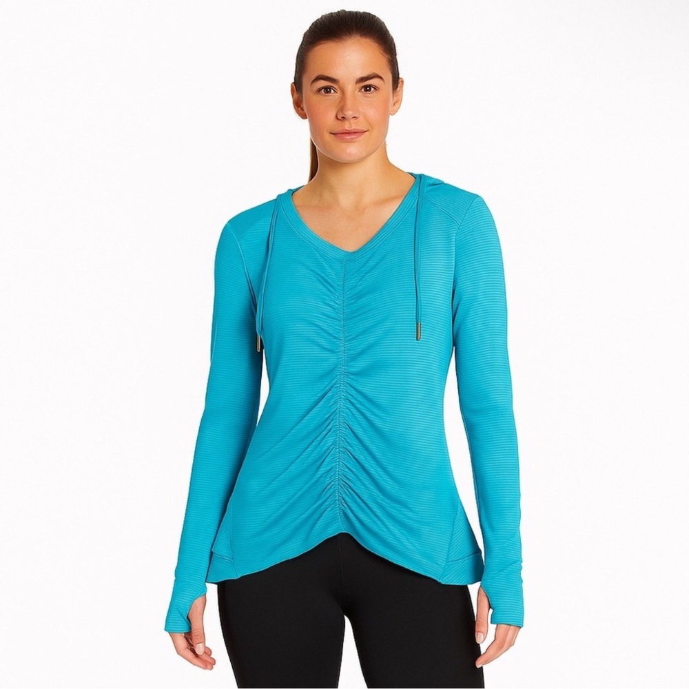 Calvin Klein Performance Quick Dry Striped Ruched Long Sleeve Hoodie Top